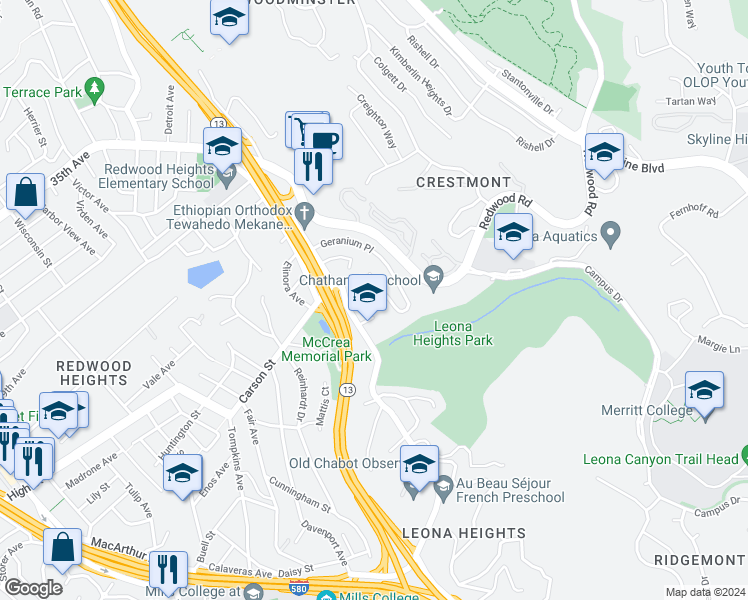 map of restaurants, bars, coffee shops, grocery stores, and more near 24 Berneves Court in Oakland