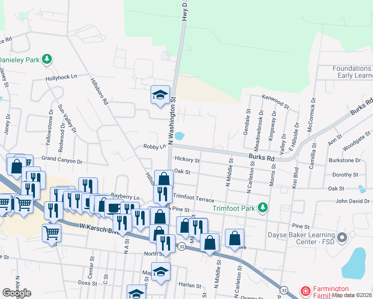 map of restaurants, bars, coffee shops, grocery stores, and more near 28 State Highway EE in Farmington