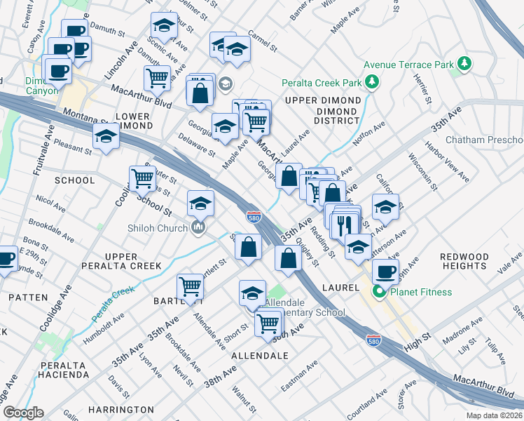 map of restaurants, bars, coffee shops, grocery stores, and more near 3229 Delaware Street in Oakland