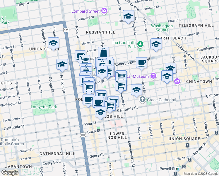 map of restaurants, bars, coffee shops, grocery stores, and more near Hyde St & Washington St in San Francisco