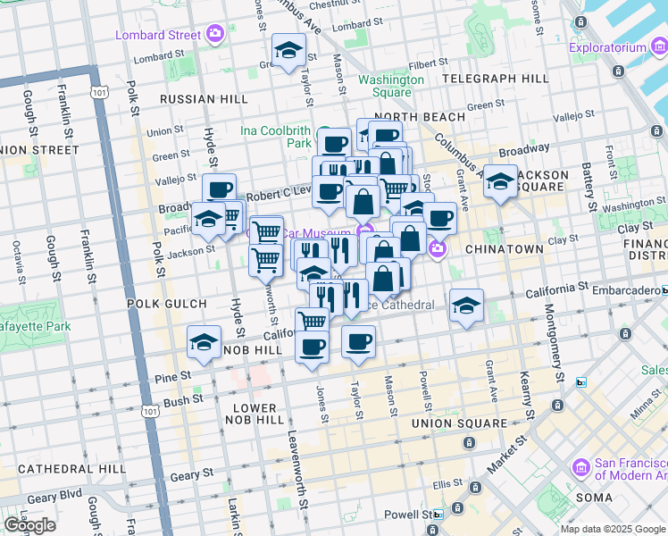 map of restaurants, bars, coffee shops, grocery stores, and more near 1235 Washington Street in San Francisco
