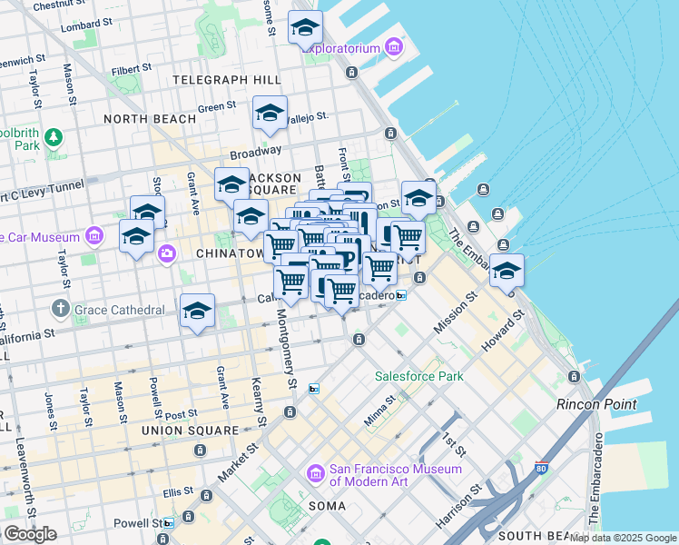 map of restaurants, bars, coffee shops, grocery stores, and more near 244 California Street in San Francisco
