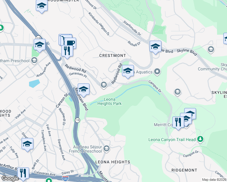 map of restaurants, bars, coffee shops, grocery stores, and more near 4630 Redwood Road in Oakland