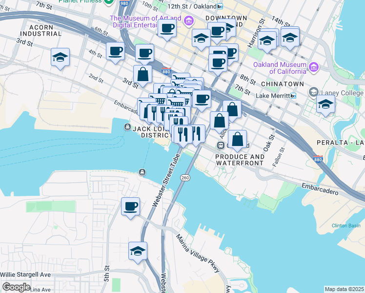 map of restaurants, bars, coffee shops, grocery stores, and more near Jack London Square in Oakland