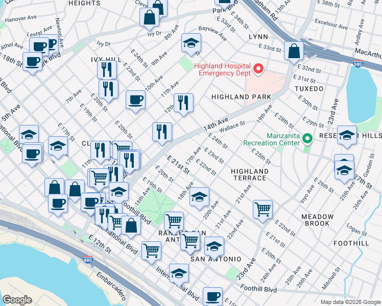 map of restaurants, bars, coffee shops, grocery stores, and more near 1622 East 22nd Street in Oakland
