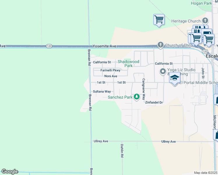 map of restaurants, bars, coffee shops, grocery stores, and more near 1709 Concord Court in Escalon