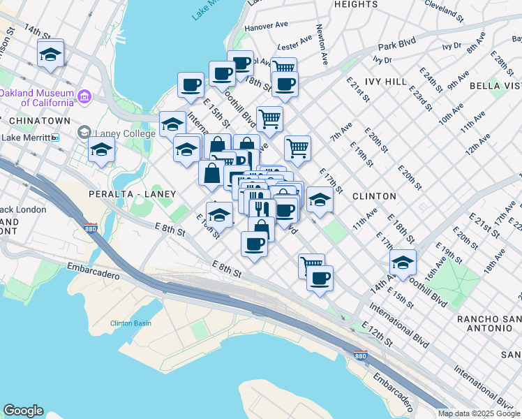 map of restaurants, bars, coffee shops, grocery stores, and more near 655 International Boulevard in Oakland
