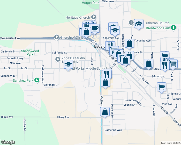 map of restaurants, bars, coffee shops, grocery stores, and more near 1717 Gwendolyn Street in Escalon
