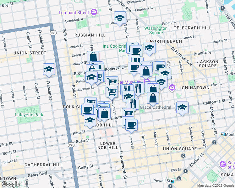 map of restaurants, bars, coffee shops, grocery stores, and more near 1335 Washington Street in San Francisco