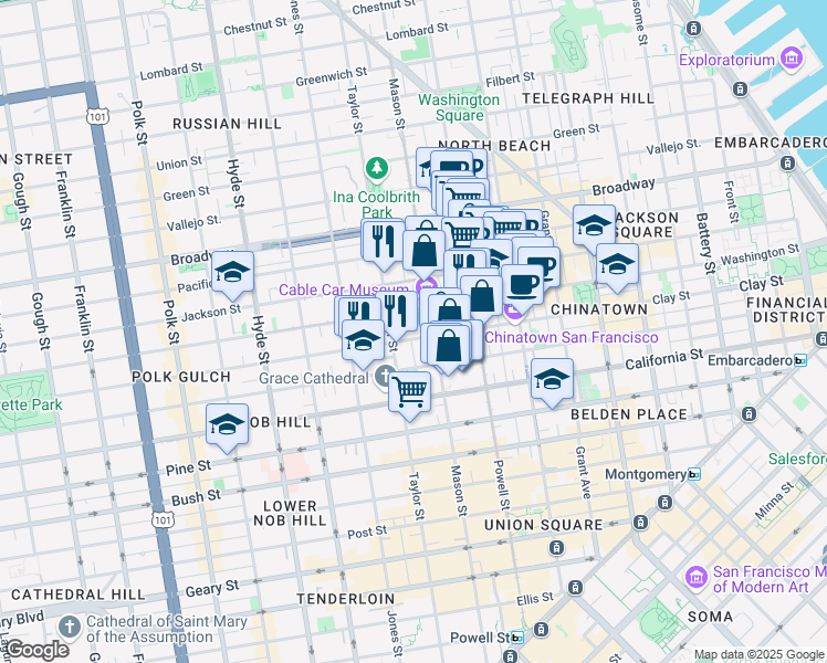 map of restaurants, bars, coffee shops, grocery stores, and more near 1140 Clay Street in San Francisco