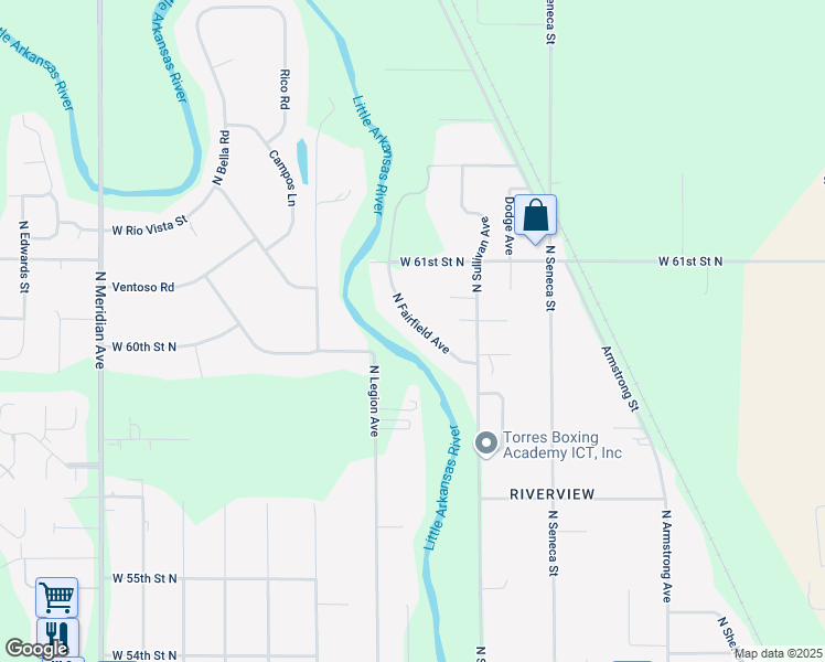 map of restaurants, bars, coffee shops, grocery stores, and more near 6121 Fairfield Road in Wichita