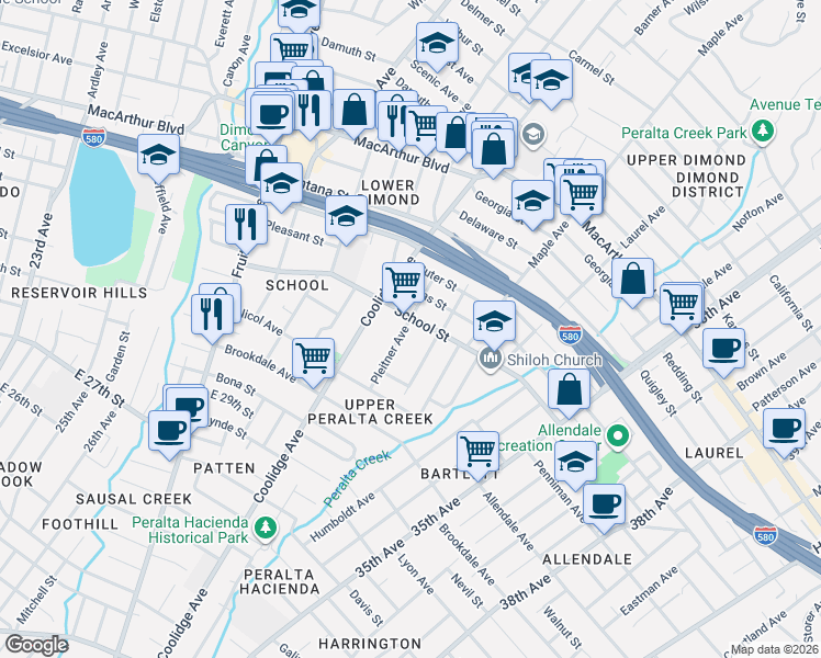 map of restaurants, bars, coffee shops, grocery stores, and more near 3108 School Street in Oakland