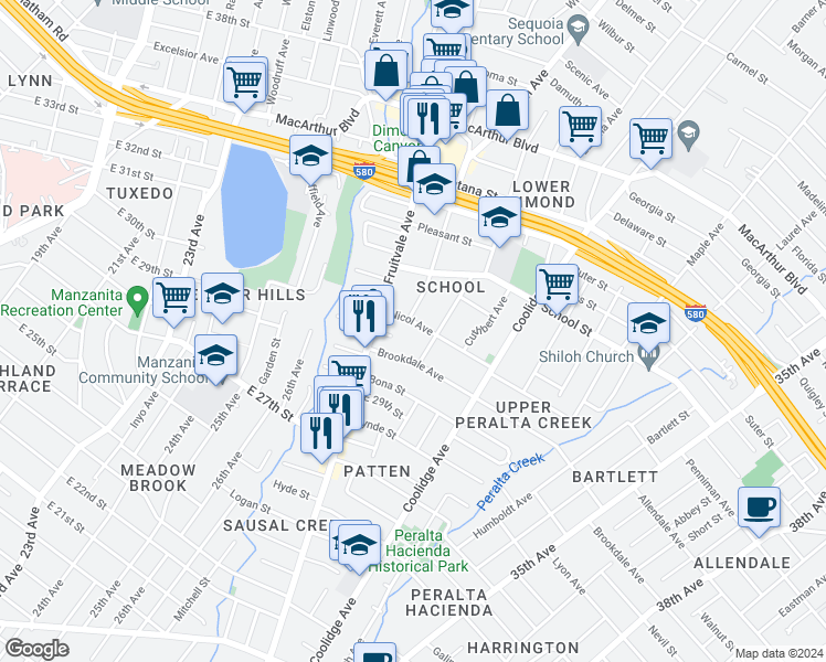 map of restaurants, bars, coffee shops, grocery stores, and more near 2819 Nicol Avenue in Oakland