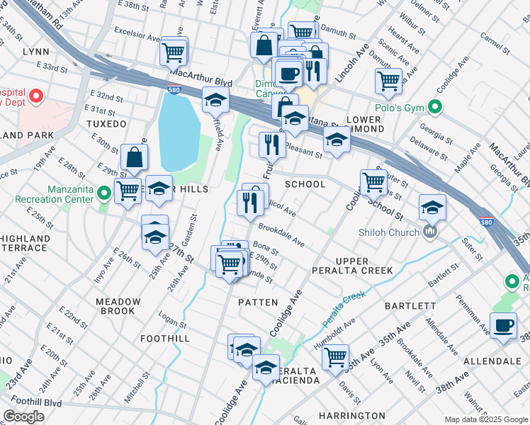 map of restaurants, bars, coffee shops, grocery stores, and more near 2952 Fruitvale Avenue in Oakland