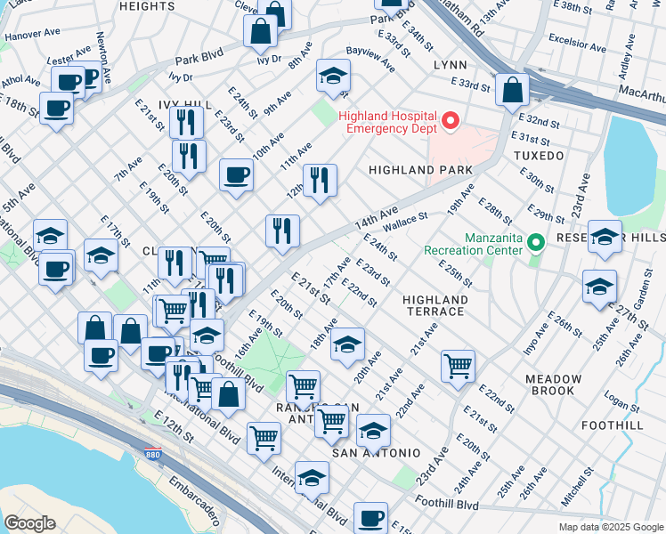 map of restaurants, bars, coffee shops, grocery stores, and more near 1622 East 22nd Street in Oakland