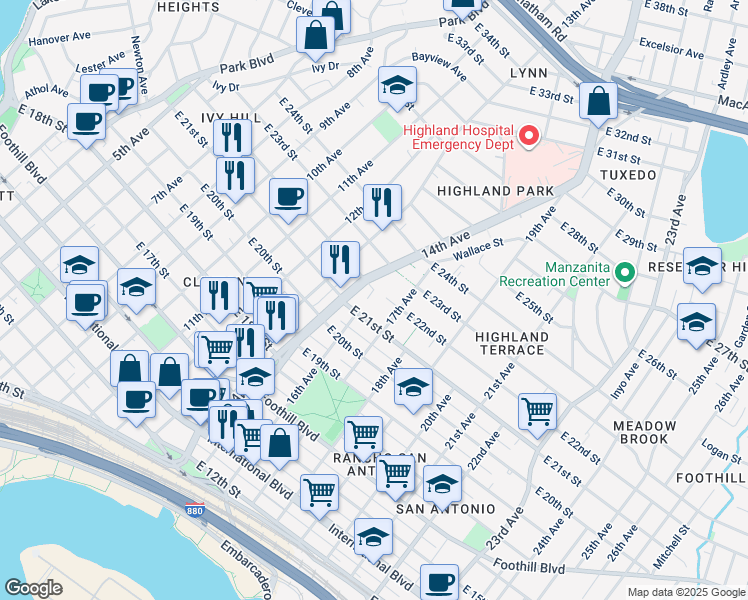 map of restaurants, bars, coffee shops, grocery stores, and more near 1622 East 22nd Street in Oakland
