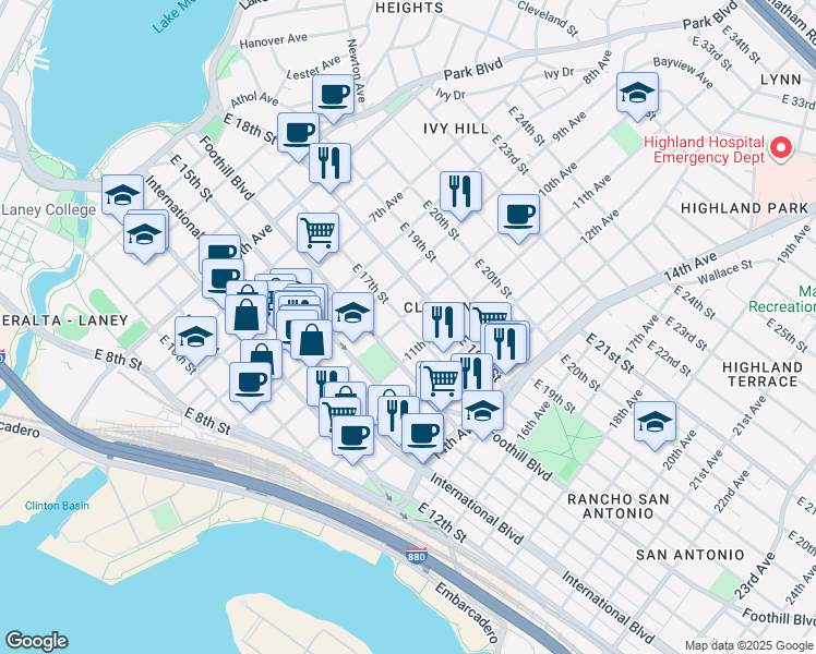 map of restaurants, bars, coffee shops, grocery stores, and more near 1650 10th Avenue in Oakland