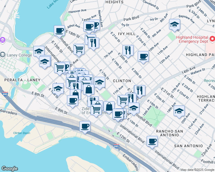 map of restaurants, bars, coffee shops, grocery stores, and more near 1650 10th Avenue in Oakland