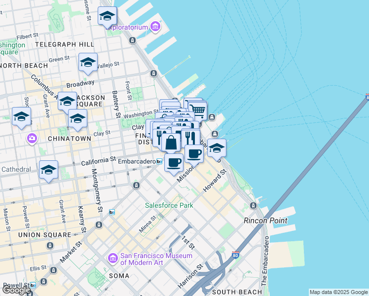 map of restaurants, bars, coffee shops, grocery stores, and more near 1 Market Street in San Francisco
