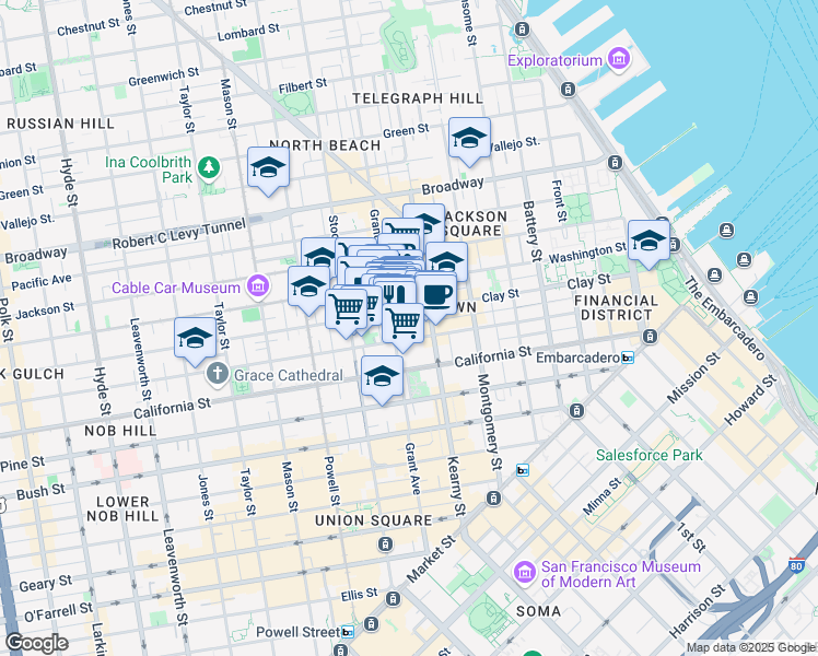 map of restaurants, bars, coffee shops, grocery stores, and more near 736 Grant Avenue in San Francisco