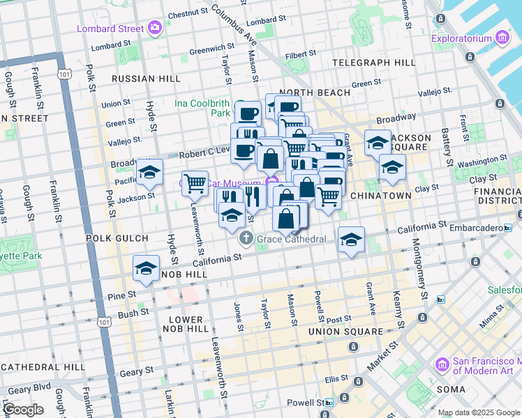 map of restaurants, bars, coffee shops, grocery stores, and more near 1140 Clay Street in San Francisco