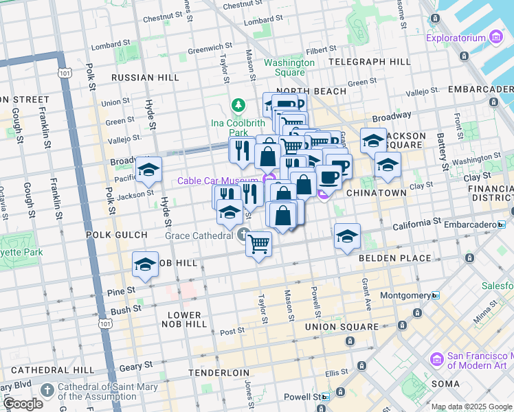 map of restaurants, bars, coffee shops, grocery stores, and more near 1140 Clay Street in San Francisco