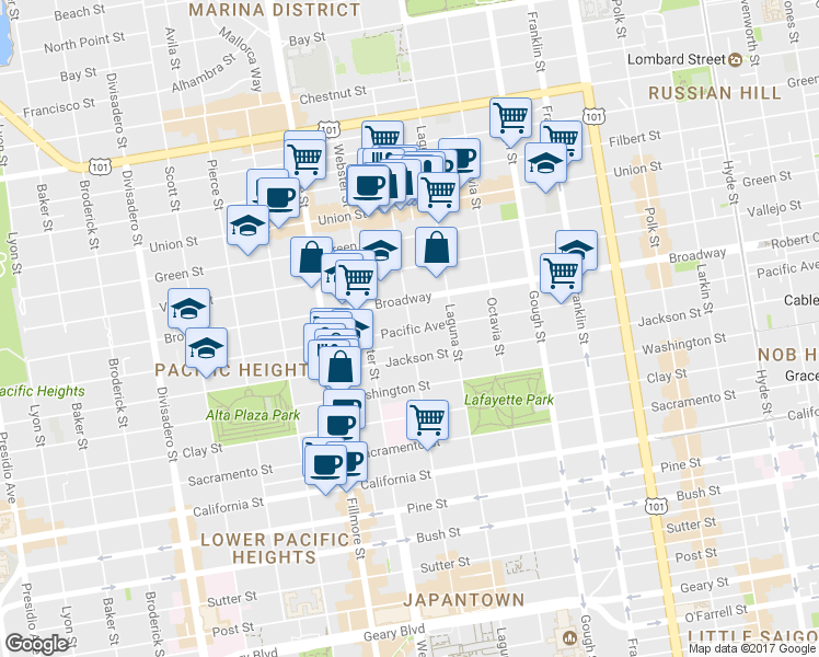 map of restaurants, bars, coffee shops, grocery stores, and more near 2602 Buchanan Street in San Francisco