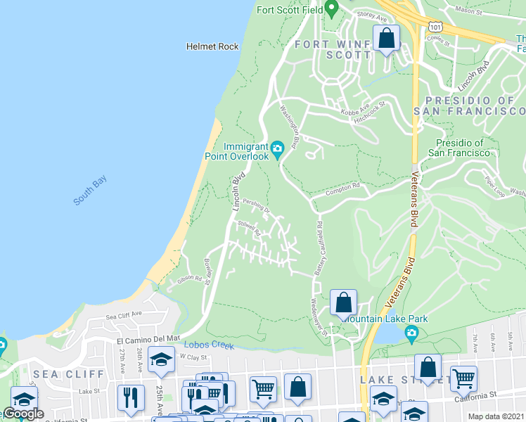 map of restaurants, bars, coffee shops, grocery stores, and more near 1577 Pershing Drive in San Francisco