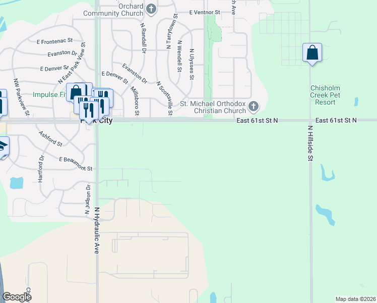 map of restaurants, bars, coffee shops, grocery stores, and more near 2145-2499 East 61st Street North in Park City