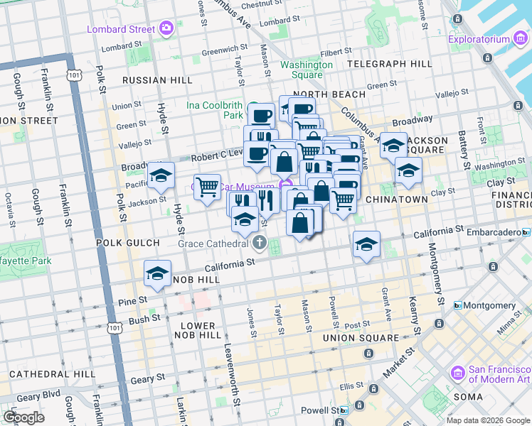 map of restaurants, bars, coffee shops, grocery stores, and more near 1140 Clay Street in San Francisco