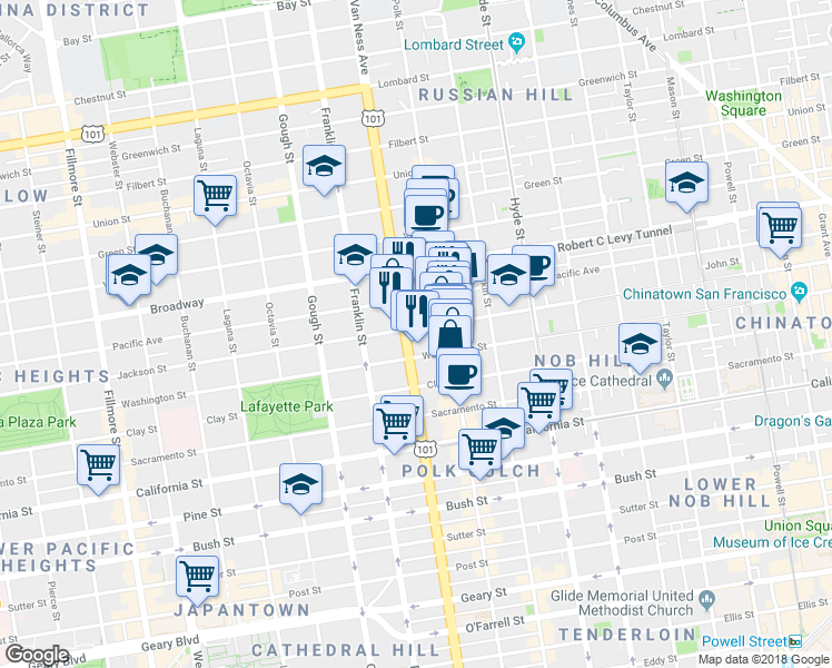 map of restaurants, bars, coffee shops, grocery stores, and more near 1653 Jackson Street in San Francisco