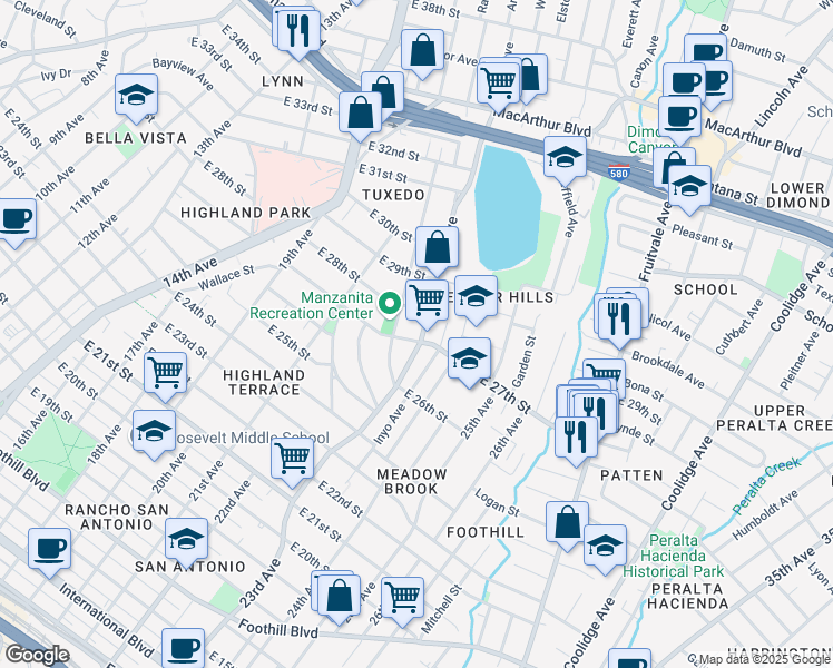 map of restaurants, bars, coffee shops, grocery stores, and more near 2711 23rd Avenue in Oakland