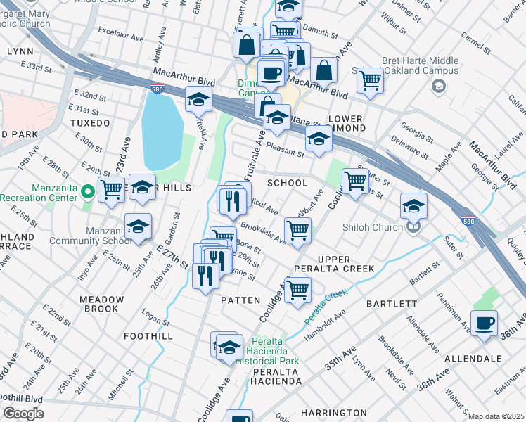 map of restaurants, bars, coffee shops, grocery stores, and more near 2811 Nicol Avenue in Oakland