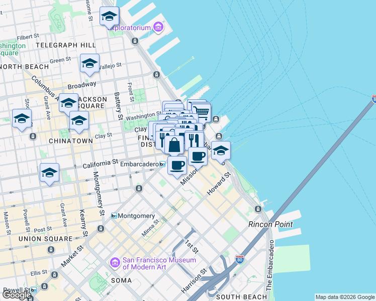map of restaurants, bars, coffee shops, grocery stores, and more near 1 Market Street in San Francisco