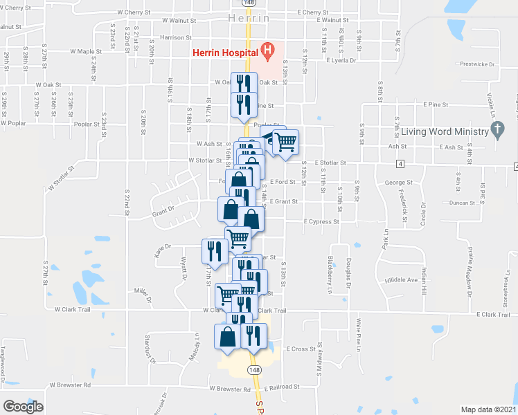 map of restaurants, bars, coffee shops, grocery stores, and more near 1005 South 14th Street in Herrin