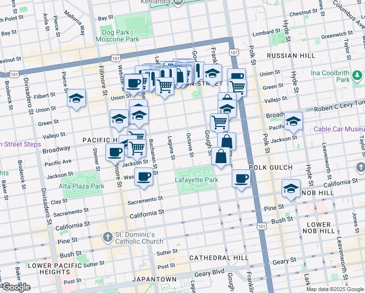 map of restaurants, bars, coffee shops, grocery stores, and more near 2007 Pacific Avenue in San Francisco