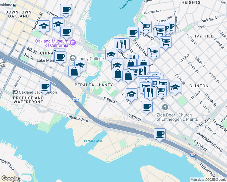 map of restaurants, bars, coffee shops, grocery stores, and more near 407 East 10th Street in Oakland