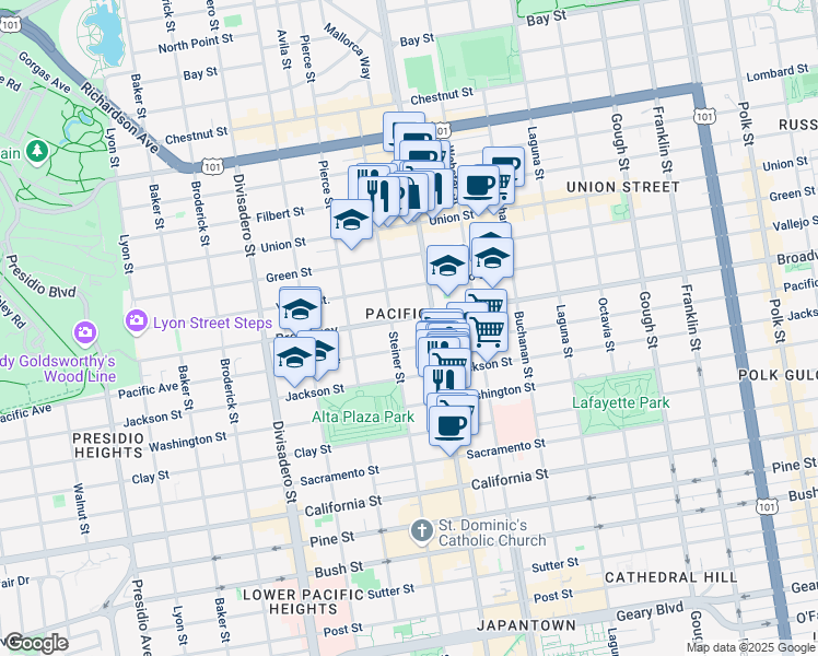 map of restaurants, bars, coffee shops, grocery stores, and more near 2361 Broadway in San Francisco