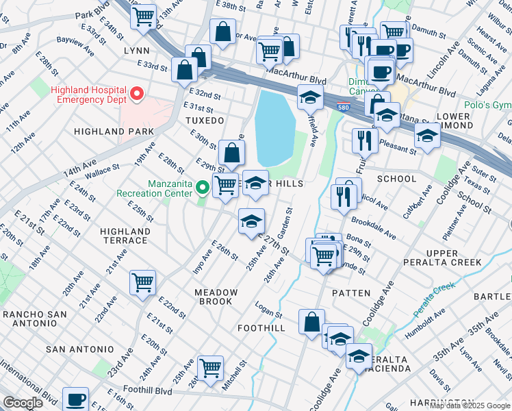 map of restaurants, bars, coffee shops, grocery stores, and more near 2370 Grande Vista Place in Oakland