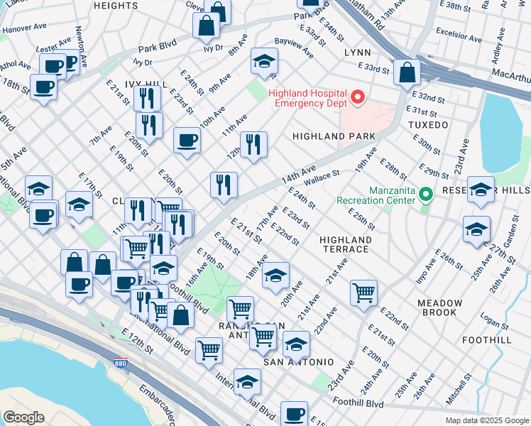 map of restaurants, bars, coffee shops, grocery stores, and more near 2207 17th Avenue in Oakland