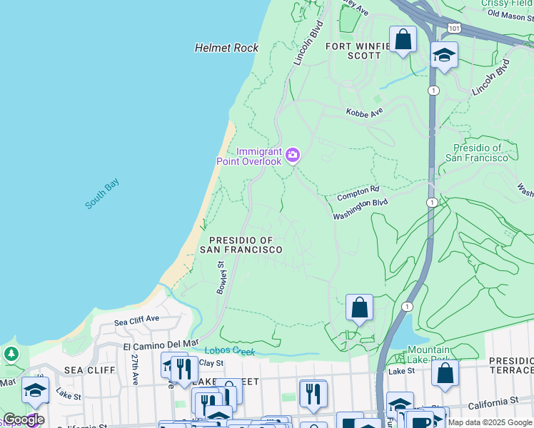 map of restaurants, bars, coffee shops, grocery stores, and more near 1577 Pershing Drive in San Francisco
