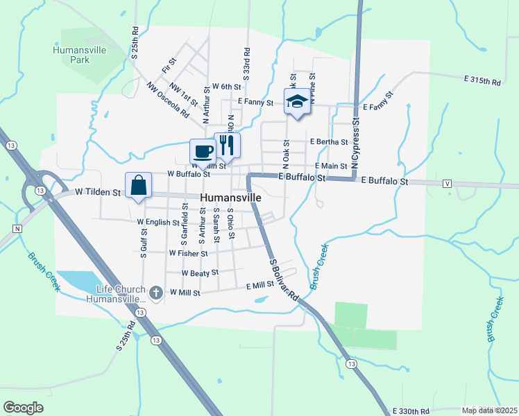 map of restaurants, bars, coffee shops, grocery stores, and more near 202 South Bolivar Road in Humansville
