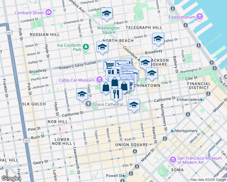 map of restaurants, bars, coffee shops, grocery stores, and more near Clay St & Powell St in San Francisco