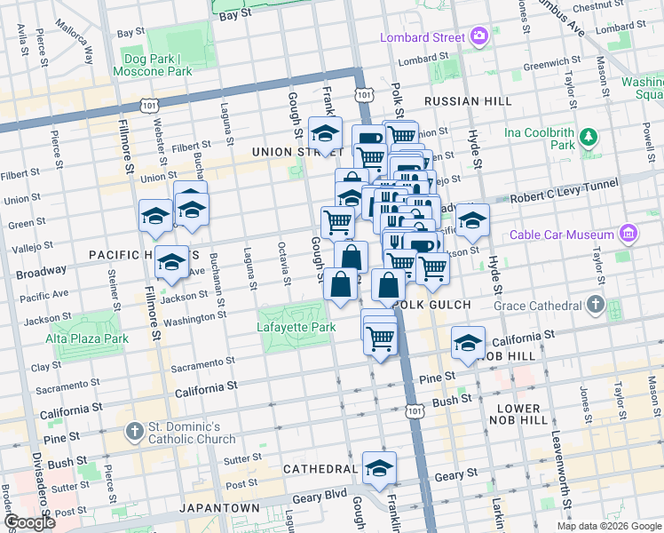 map of restaurants, bars, coffee shops, grocery stores, and more near 1830 Jackson Street in San Francisco