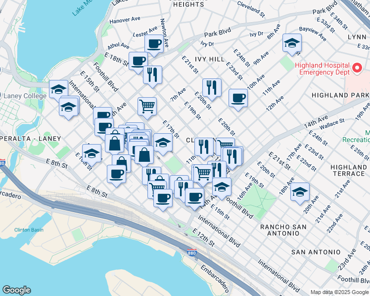 map of restaurants, bars, coffee shops, grocery stores, and more near 1650 10th Avenue in Oakland