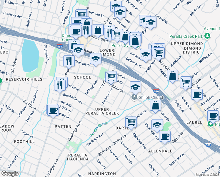 map of restaurants, bars, coffee shops, grocery stores, and more near 3137 Pleitner Avenue in Oakland