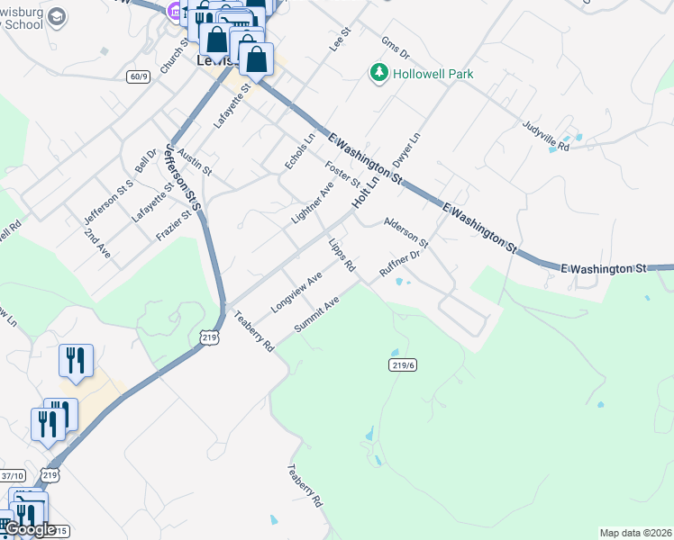 map of restaurants, bars, coffee shops, grocery stores, and more near 135 Longview Ave in Lewisburg