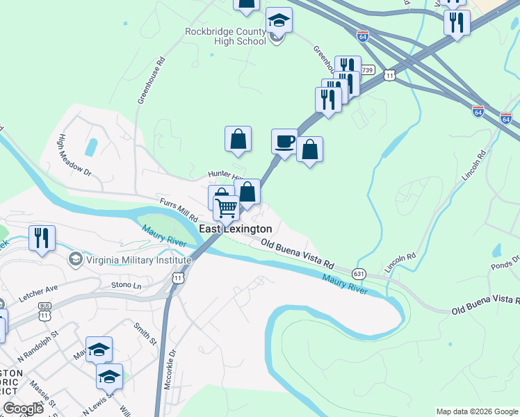 map of restaurants, bars, coffee shops, grocery stores, and more near 650 North Lee Highway in Lexington