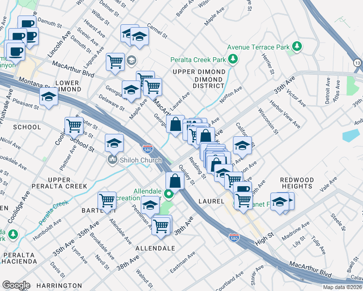 map of restaurants, bars, coffee shops, grocery stores, and more near 3490 Midvale Avenue in Oakland