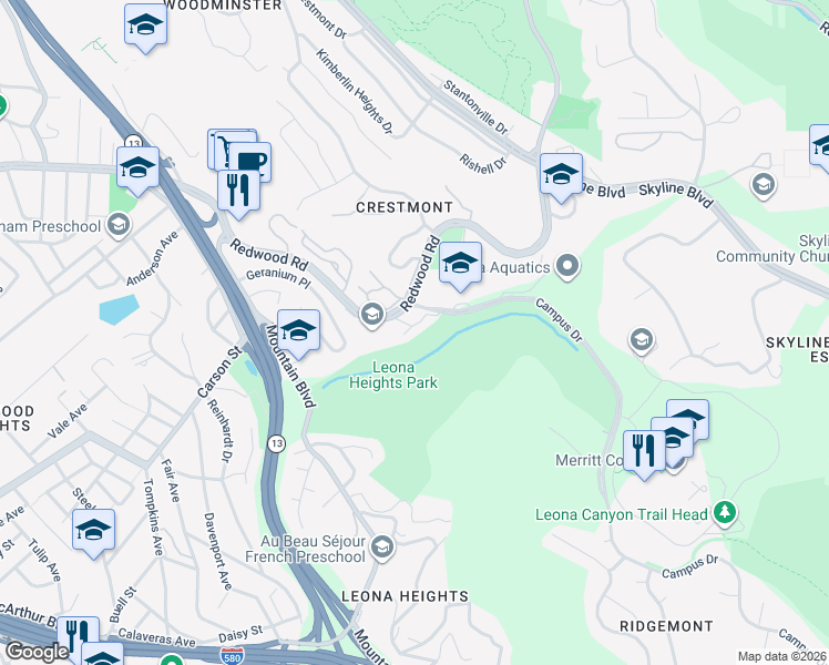 map of restaurants, bars, coffee shops, grocery stores, and more near 4676 Redwood Road in Oakland